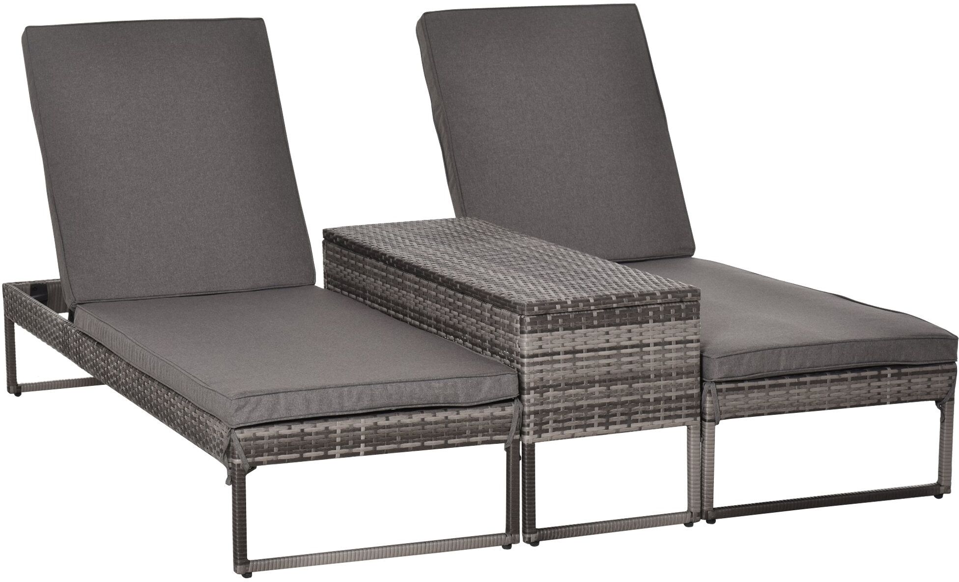 Outsunny Set 3pzi Componibile 2 Lettini Prendisole (195x60x86cm) 1 Tavolino (121x40x50cm) Rattan Grigio con Materassini