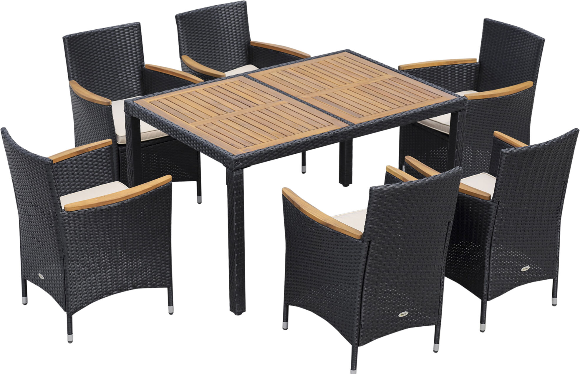 Outsunny Set Tavolo e Sedie da Giardino 7 Pezzi in PE Rattan e Legno, Mobili da Esterni con Cuscini Morbidi, Nero