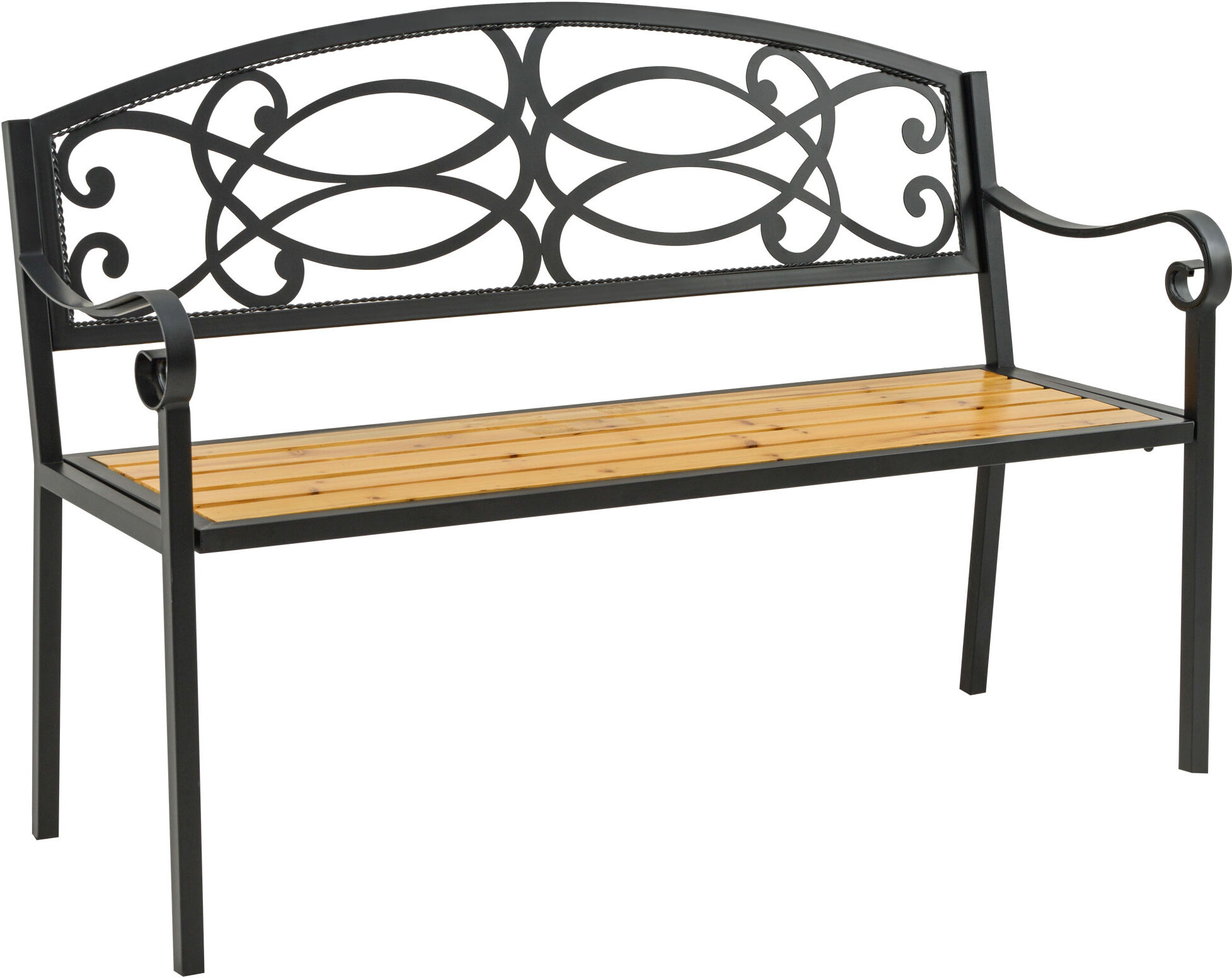 Outsunny Panchina da Giardino a 2 Posti in Metallo e Legno, Panca da Esterno Schienale con Braccioli, 127x52x88cm