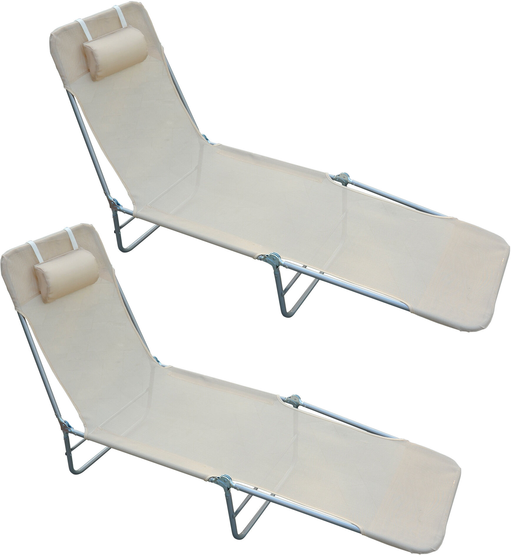 Outsunny Set di 2 Lettini Prendisole Pieghevoli con Schienale Reclinabile a 4 Livelli, Sdraio da Giardino in Acciaio e Tessuto a Rete, Beige