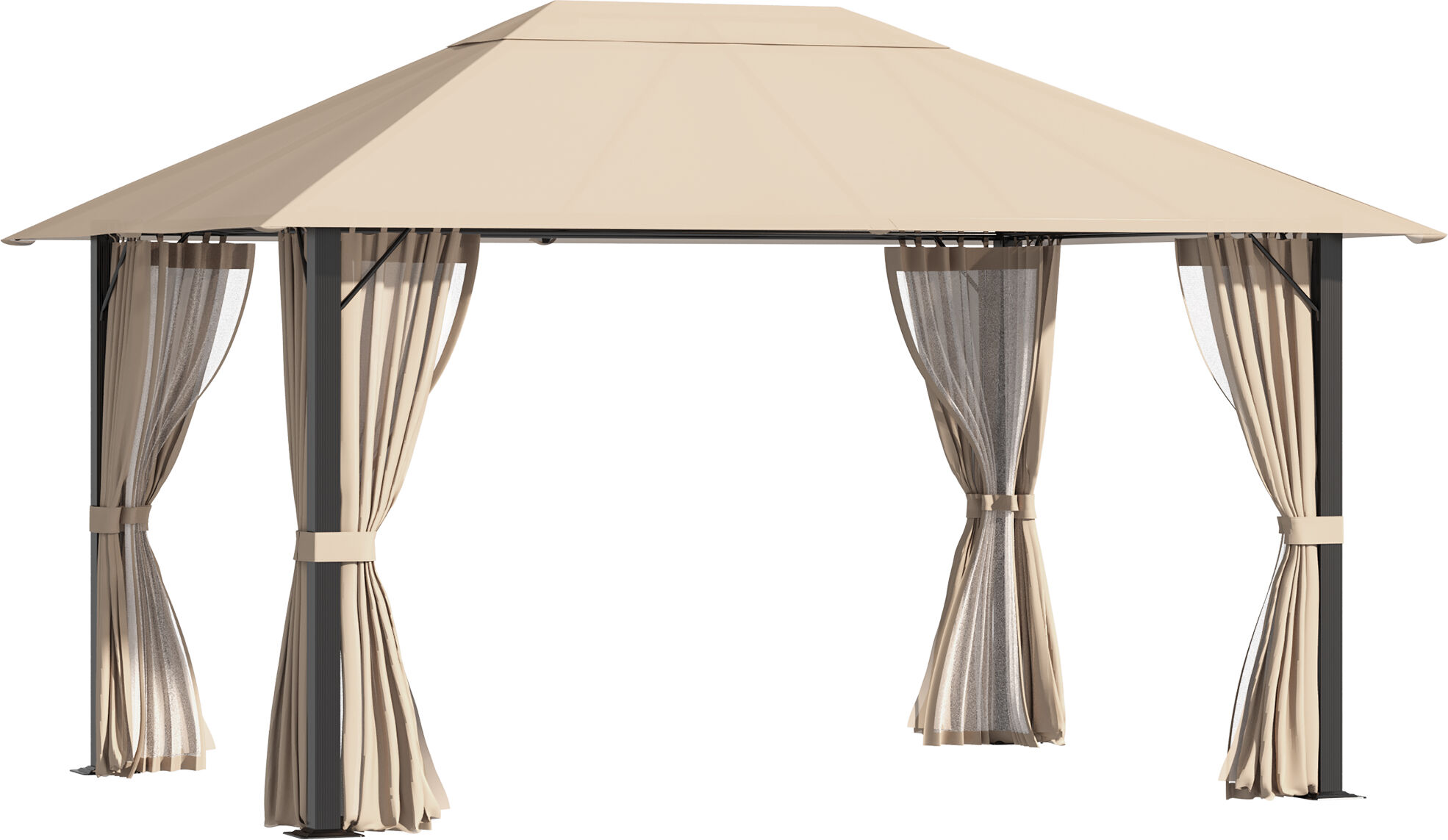 Outsunny Gazebo da Giardino 3.98x2.98m in Alluminio e Acciaio con Zanzariera e 4 Tende in Poliestere, per Cortile e Terrazzo, Khaki