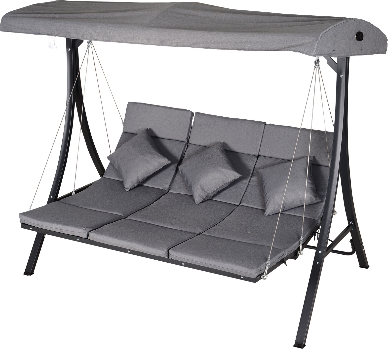 Outsunny Dondolo 3 Posti per Esterni Giardino, con Chaise Longue e Tetto Regolabile, Nero e Grigio, 200 x 115 x 168 cm