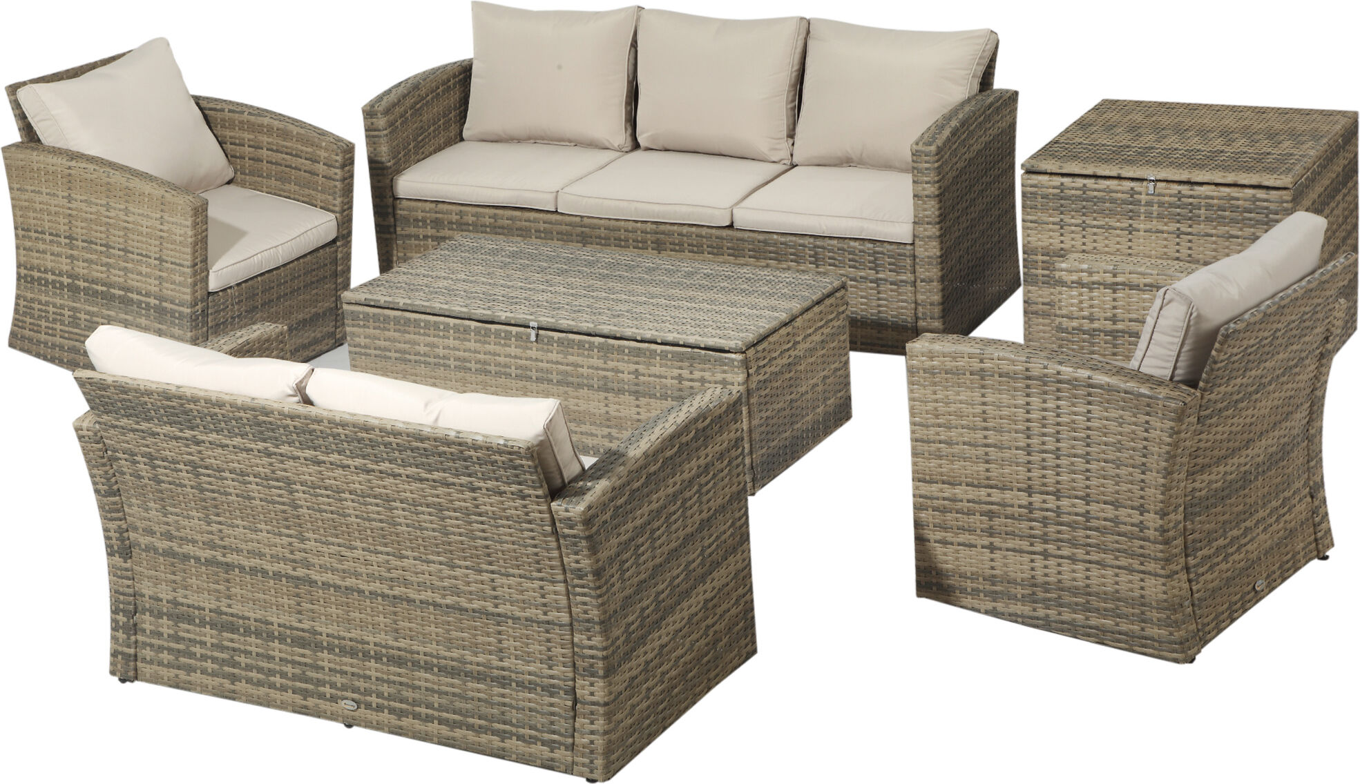 Outsunny Set Mobili da Giardino 6 Pezzi in Rattan, Salotto da Giardino con 2 Tavolini Contenitore, Divani e 2 Poltrone Imbottiti per 7 Persone, Beige