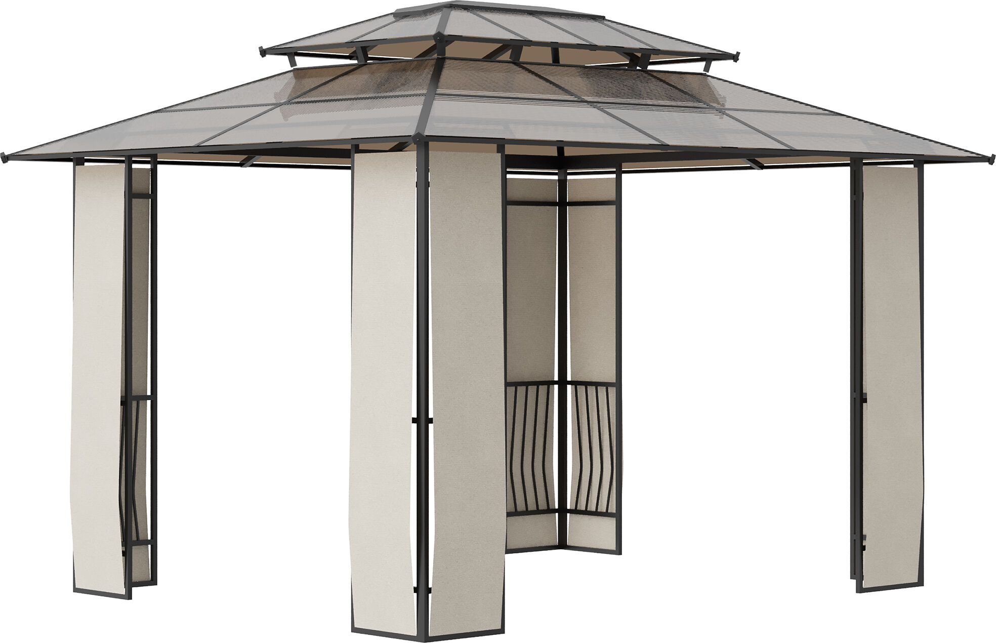 Outsunny Gazebo da Giardino 3.65x3m con Tetto in Policarbonato a 2 Livelli, Gazebo Esterno con Struttura Acciaio e Alluminio, Marrone