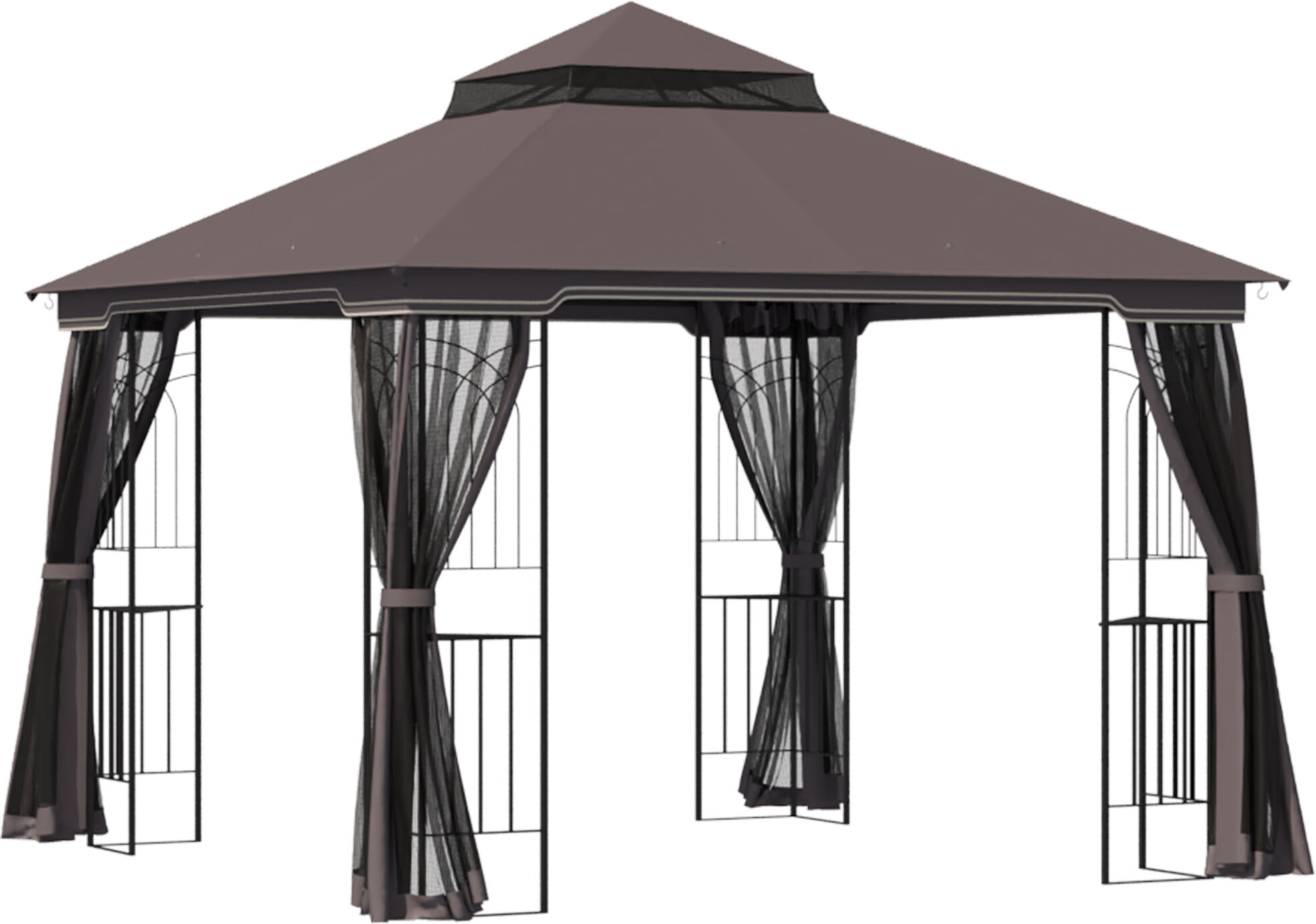 Outsunny Gazebo da Giardino 3x3m con Zanzariera e Tetto a 2 Livelli, Mensole Laterali e Ganci, Caffè