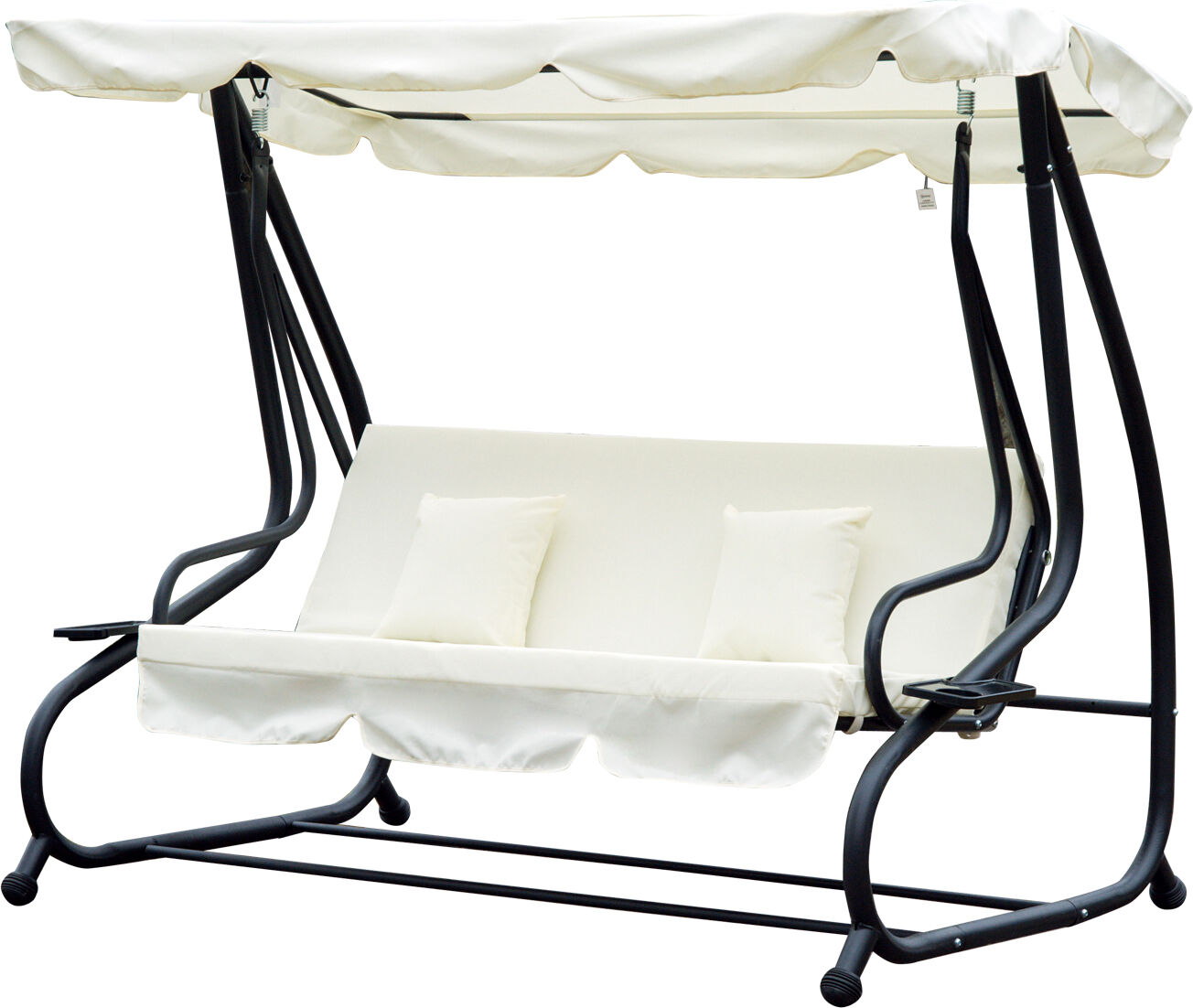 Outsunny Dondolo da Giardino 3 Posti, Convertibile in Letto a Dondolo con Tetto Regolabile, 2 Portabicchieri, Crema, 200×120×164cm