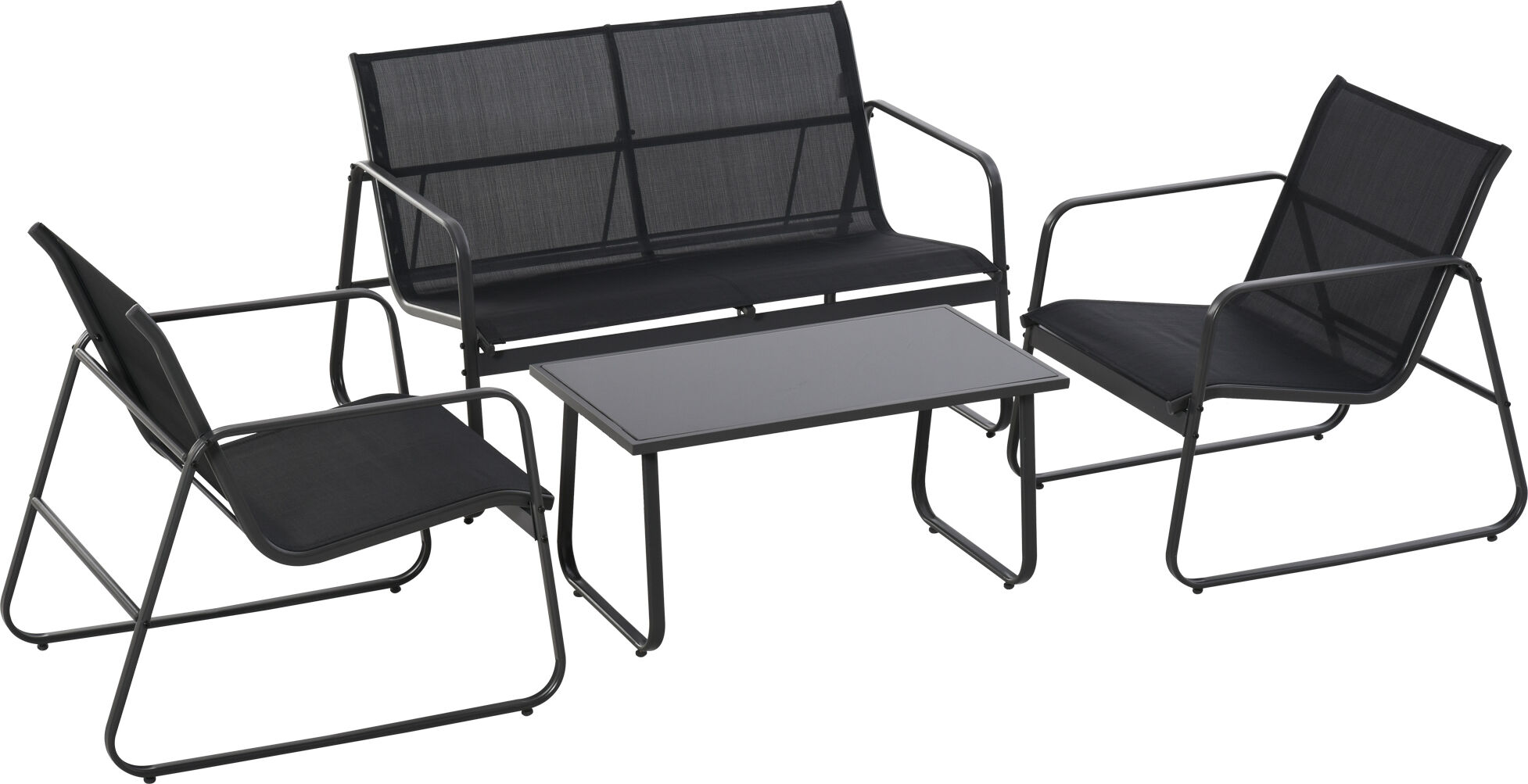 Outsunny Set Tavolino con Panchina e 2 Sedie da Giardino, Arredamento da Esterno in Metallo e Texteline, Nero