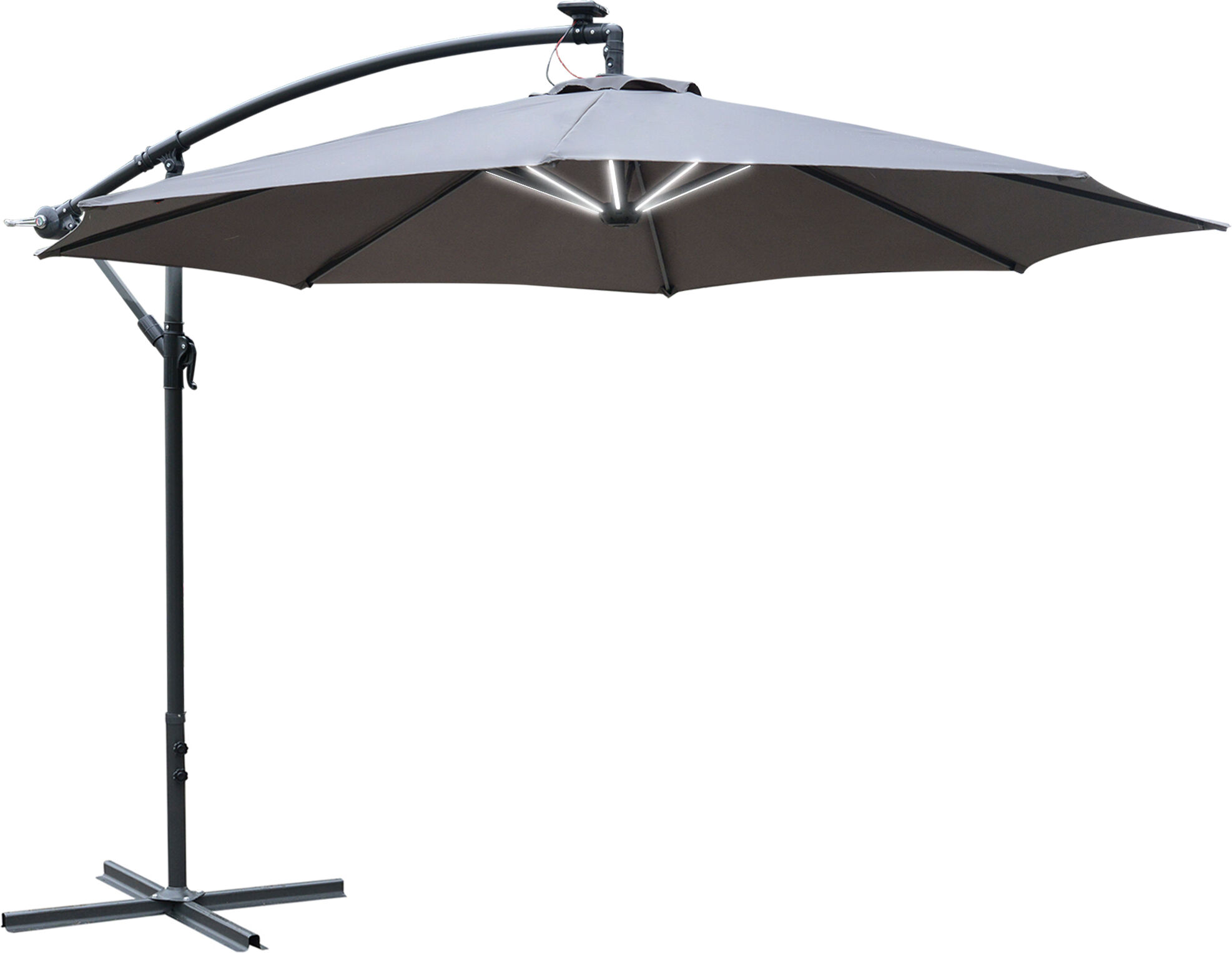 Outsunny Ombrellone da Giardino a Braccio con Manovella e 8 Strisce LED a Energia Solare Φ295x245cm, Grigio