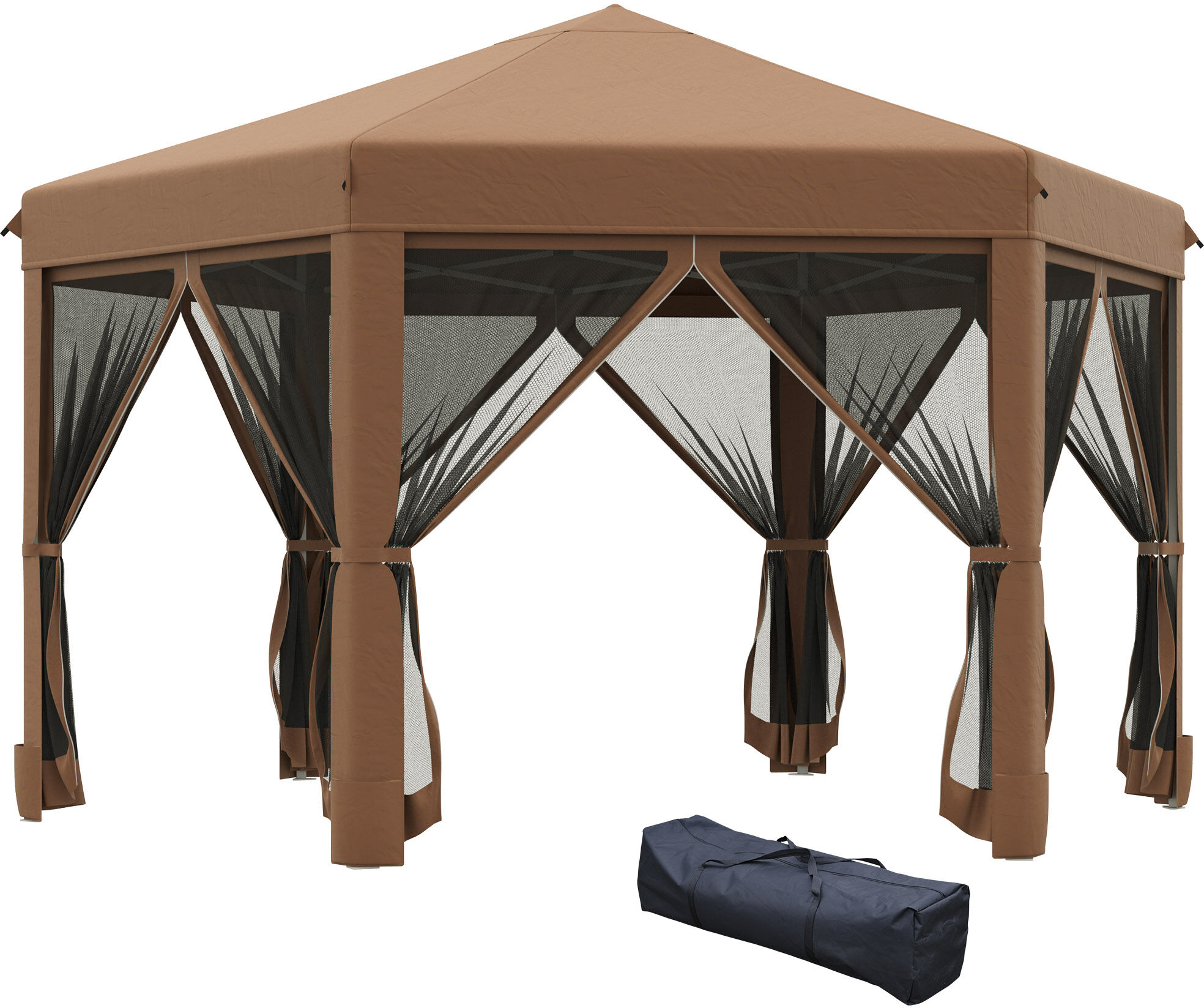 Outsunny Gazebo da Giardino Pieghevole con Zanzariera, Struttura Esagonale Acciaio e Poliestere, 3.2x3.2x2.6m Marrone