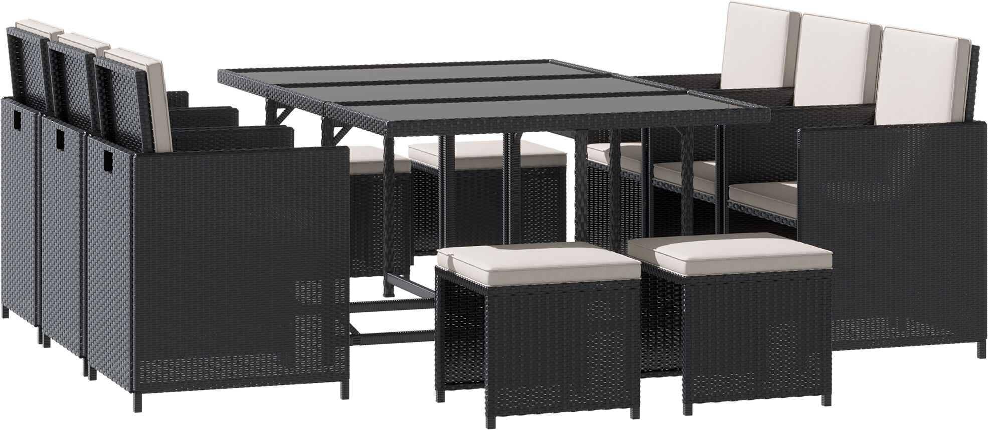 Outsunny Set 11 PZ Mobili da Giardino in Rattan da Esterno con Tavolo in Vetro Temperato e Cuscini, Set da Pranzo, Nero