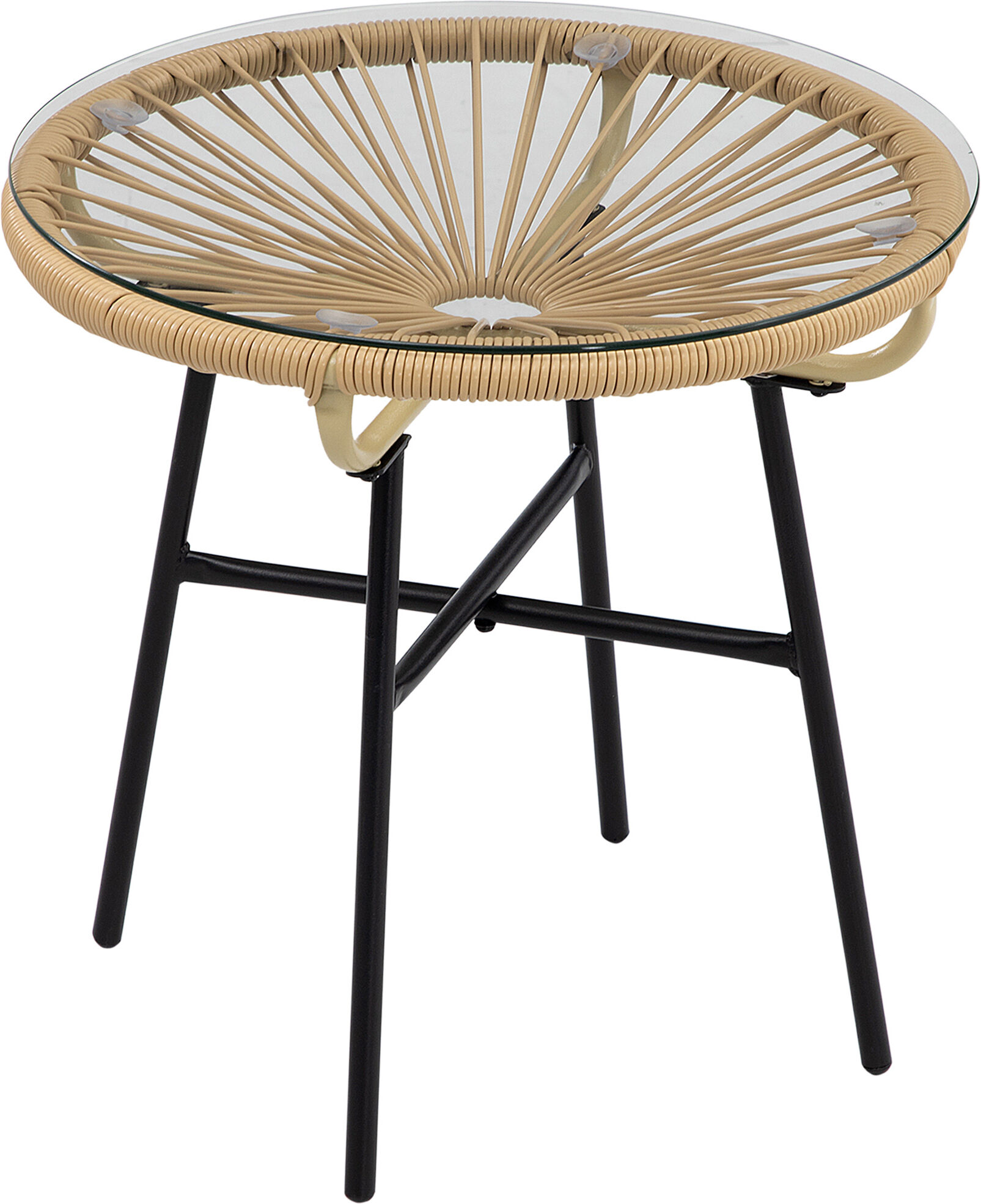 Outsunny Tavolino da Giardino in Rattan PE e Vetro, Tavolino da Caffè Rotondo per Balcone e Terrazza, Ø50x50cm, Beige