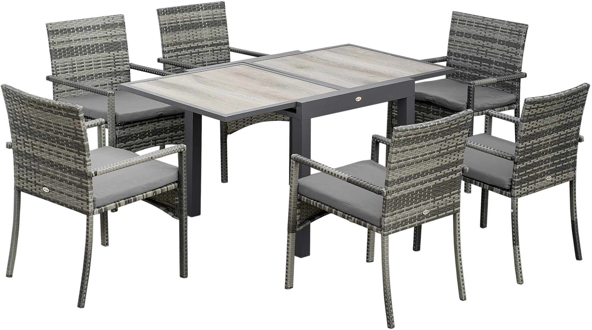 Outsunny Set da Giardino con Tavolo Allungabile e 6 Sedie con Cuscini in Rattan PE, Grigio e Marrone