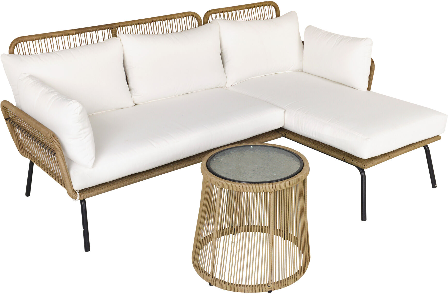 Outsunny Set Giardino Rattan 3 Pezzi, Divano 2 Posti con Chaise Longue e Tavolino, Beige e Caffè