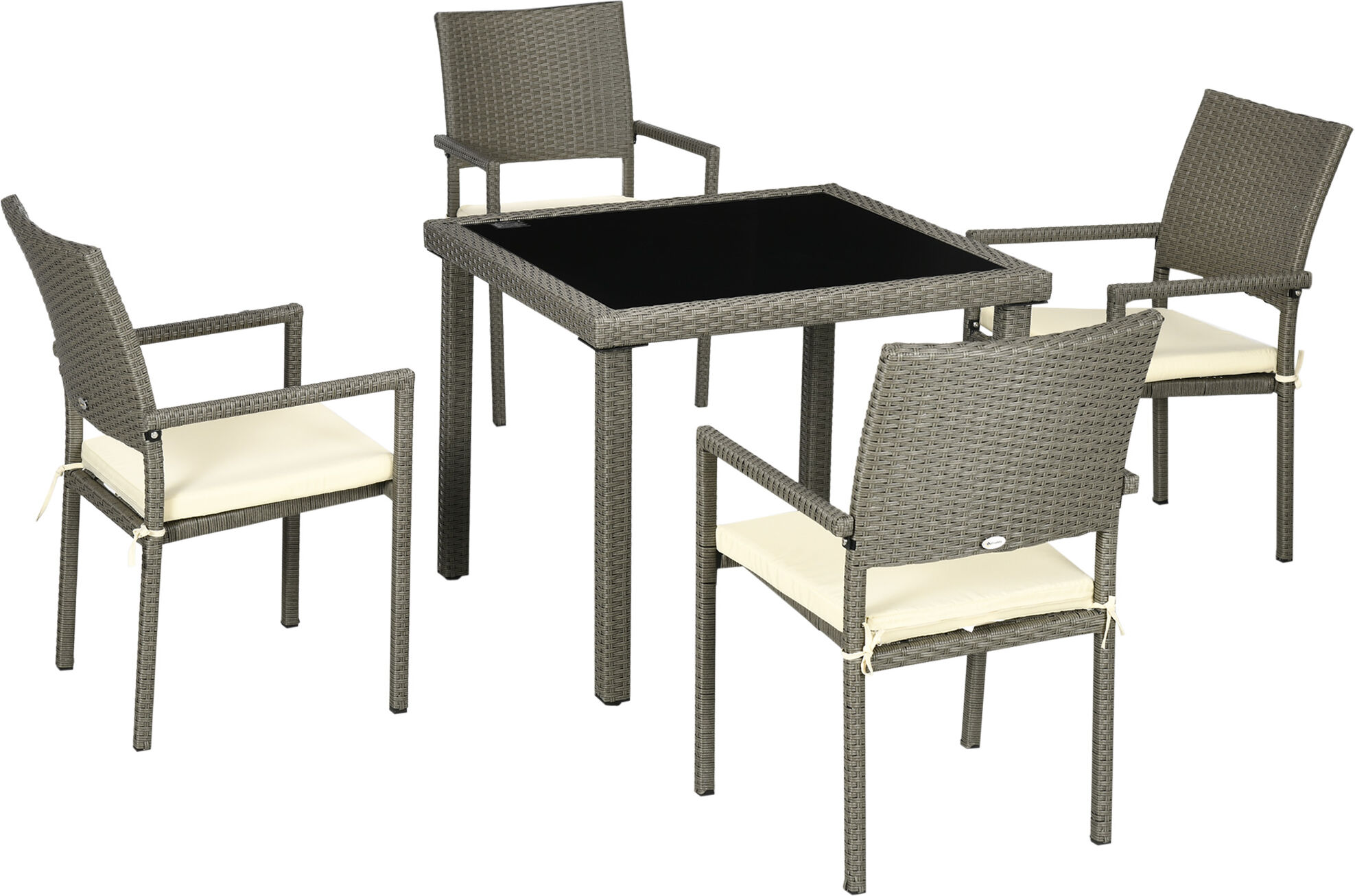 Outsunny Set da Esterni in Rattan PE da 5 Pezzi, Tavolo da Giardino con Piano in Vetro e 4 Sedie con Cuscini, Grigio