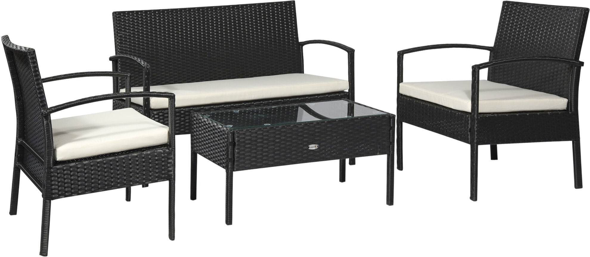 Outsunny Set Mobili da Giardino in Rattan Sintetico Composto da 1 tavolino 2 poltrone e 1 divano a 2 posti Nero e Crema