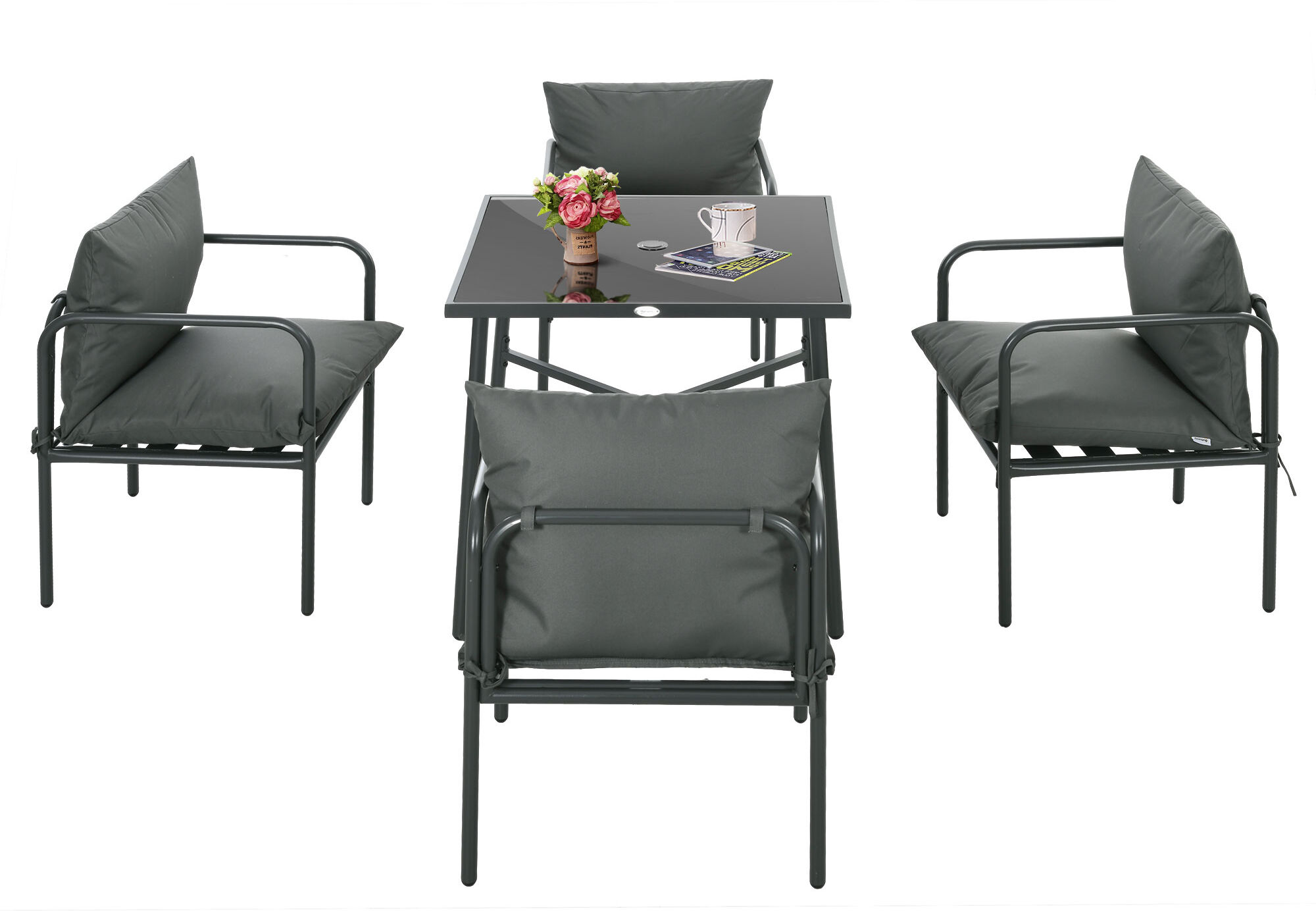 Outsunny Set da Giardino 5 Pezzi in Acciaio con 4 Sedie 58x58x66 cm e Tavolo 80x80x71 cm con Foro Centrale, Grigio