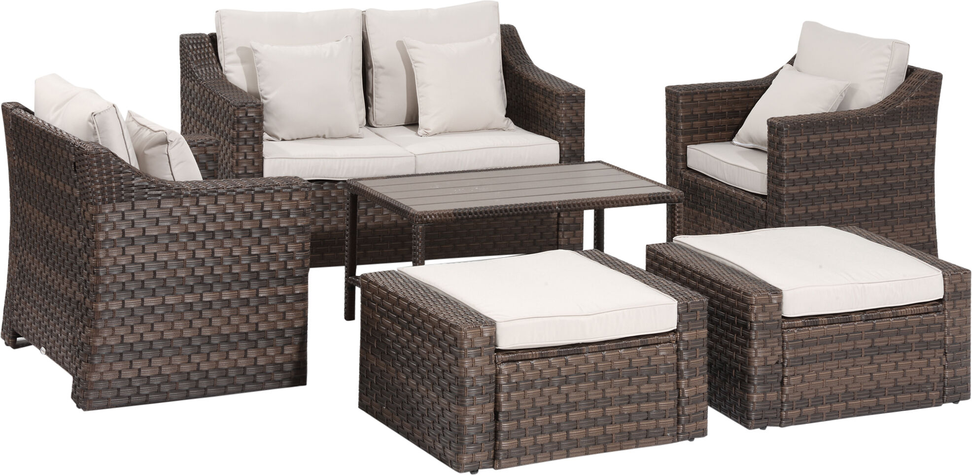 Outsunny Salotto da Esterni in Rattan, Set 6 Pz con Divanetto da Giardino, Poltrone e Tavolino, Marrone