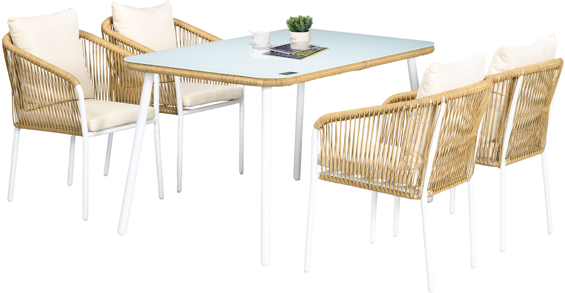 Outsunny Set da Giardino in Rattan PE e Alluminio con Tavolo in Vetro e 4 Sedie Impilabili, Giallo