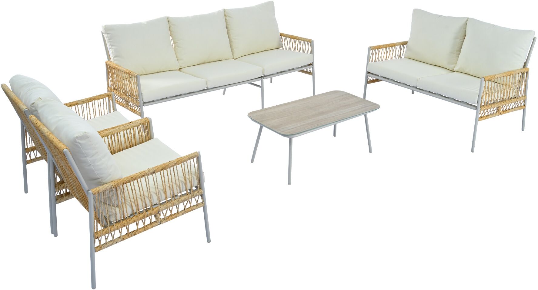 Wg Set Arredo Giardino 7 Posti in PE-Rattan e Acciaio Zincato, Tavolino in Vetro Temperato Effetto Legno, Cuscini Lavabili, Beige