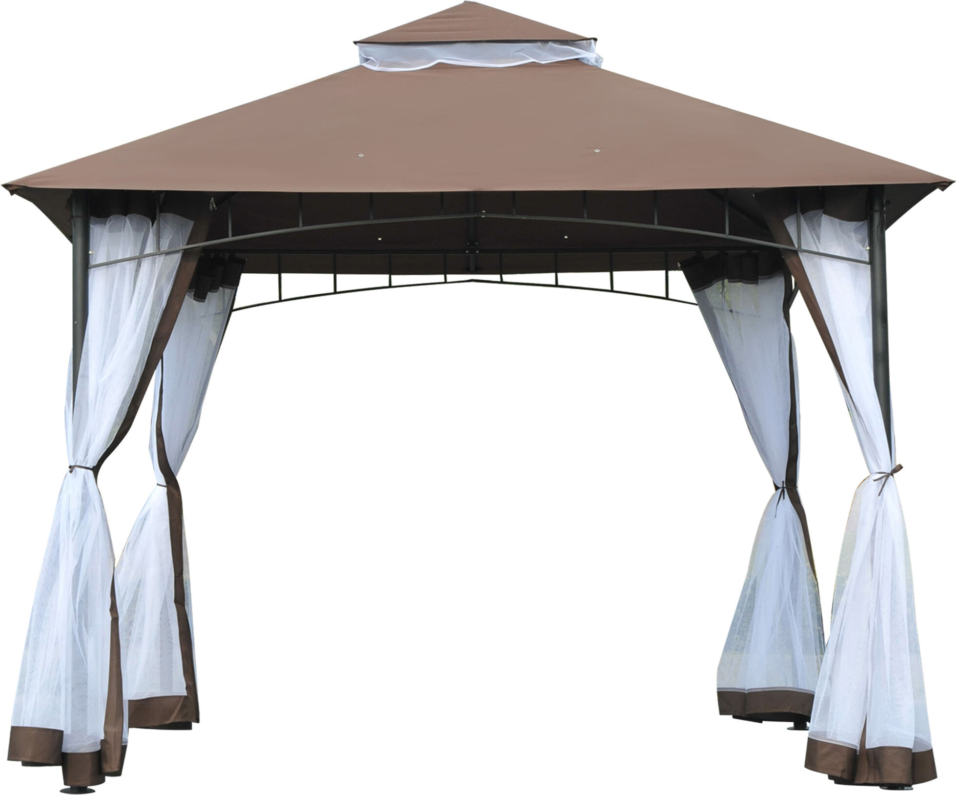 Outsunny Gazebo da Giardino 3x3m con Zanzariera, Tetto a 2 Livelli in Poliestere Struttura in Metallo Marrone