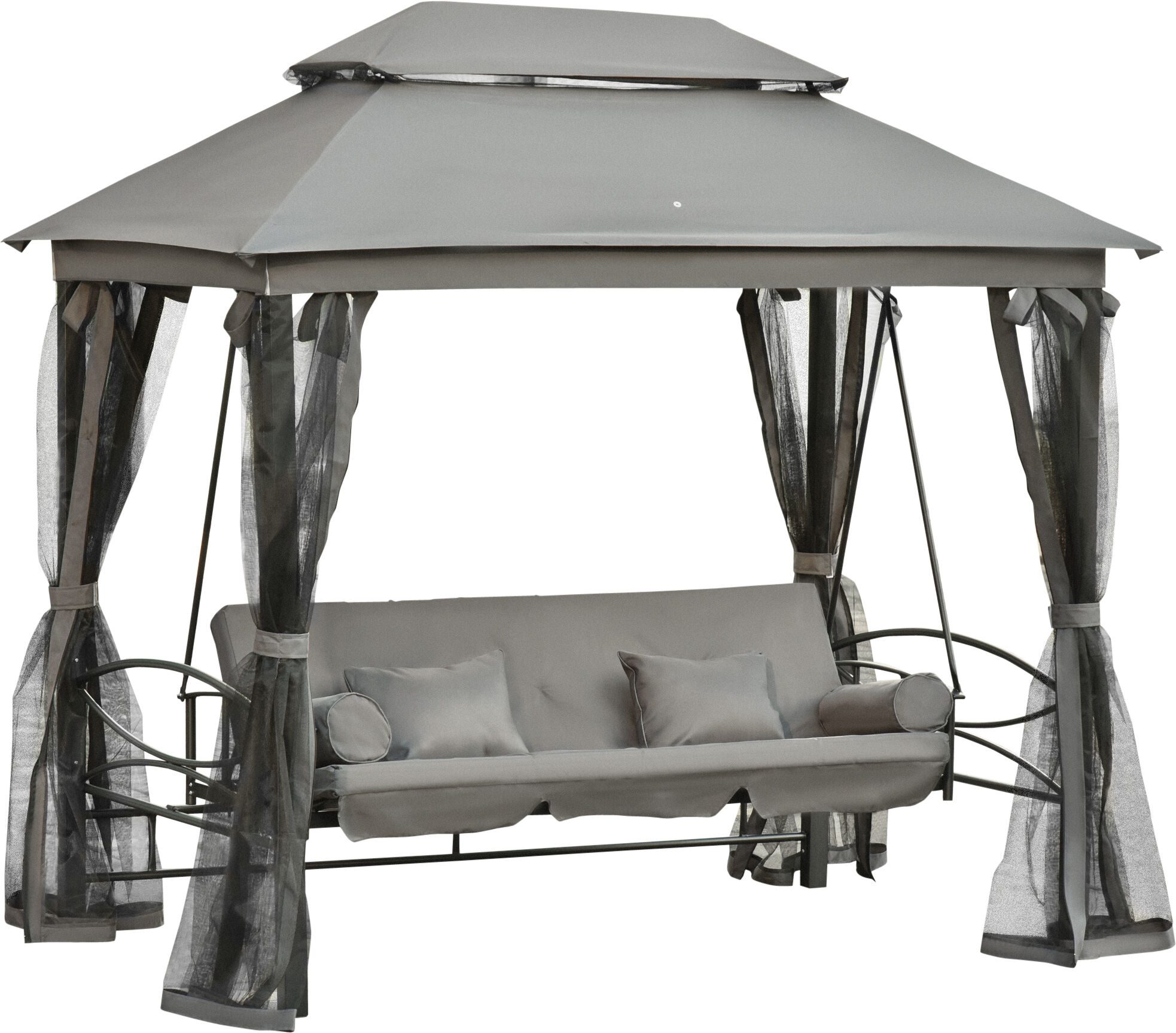 Outsunny Dondolo 3 Posti e Lettino Singolo Copertura a Gazebo con Zanzariera e Cuscini, Grigio Scuro 256x172x248cm