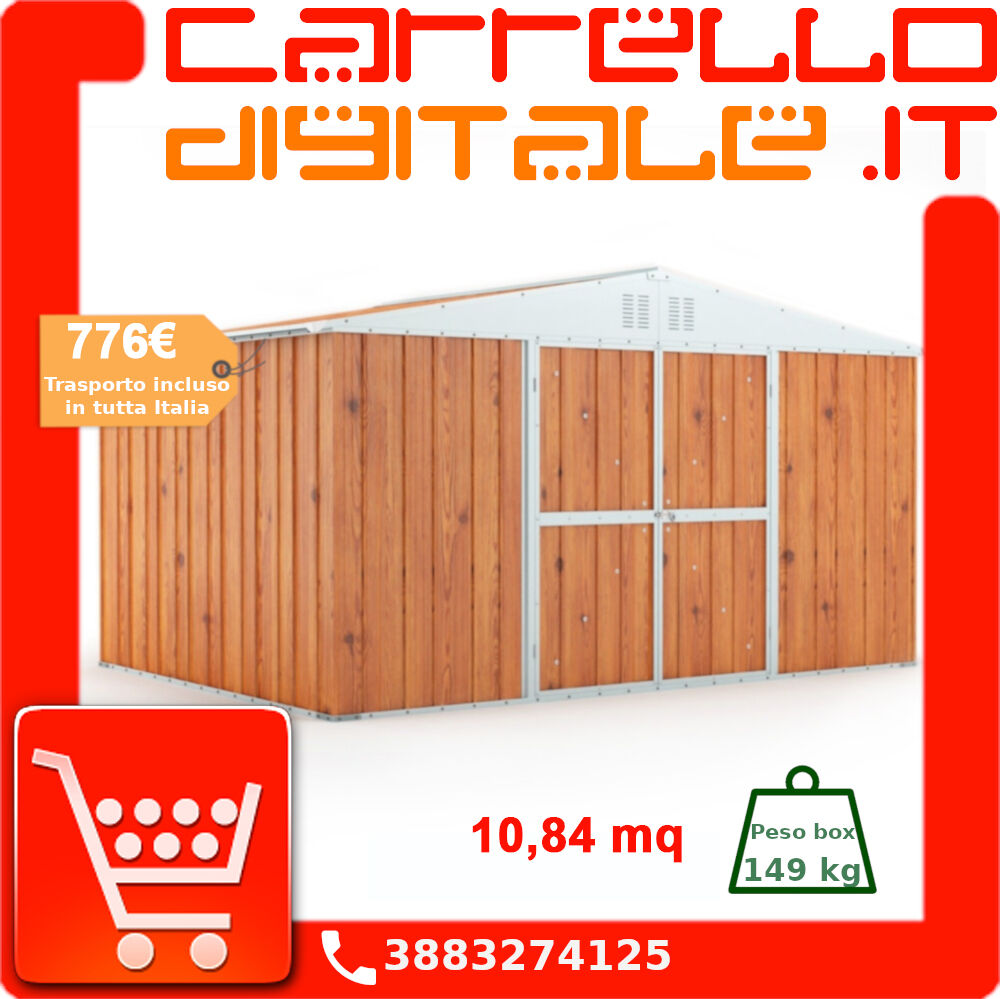 Box in Acciaio Zincato Casetta da Giardino in Lamiera 4.03 x 2.69 m x h2.15 m - 149 KG â€“ 10.84 metri quadri - LEGNO