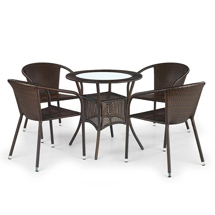 garneroarredamenti Set tavolo in vetro 74x74cm + 4 sedie da giardino in rattan marrone Cubby
