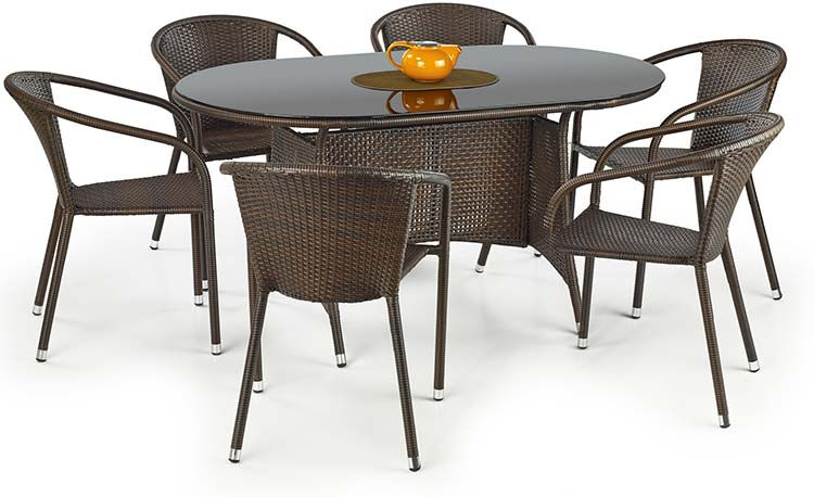 garneroarredamenti Set tavolo in vetro 150x90cm + 6 sedie da giardino in rattan marrone acciaio cromato Cubby