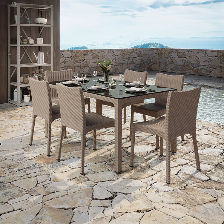 garneroarredamenti Set tavolo da giardino esterno bar dehors rettangolare 150x90cm + 6 sedie effetto rattan tortora Conchiglia