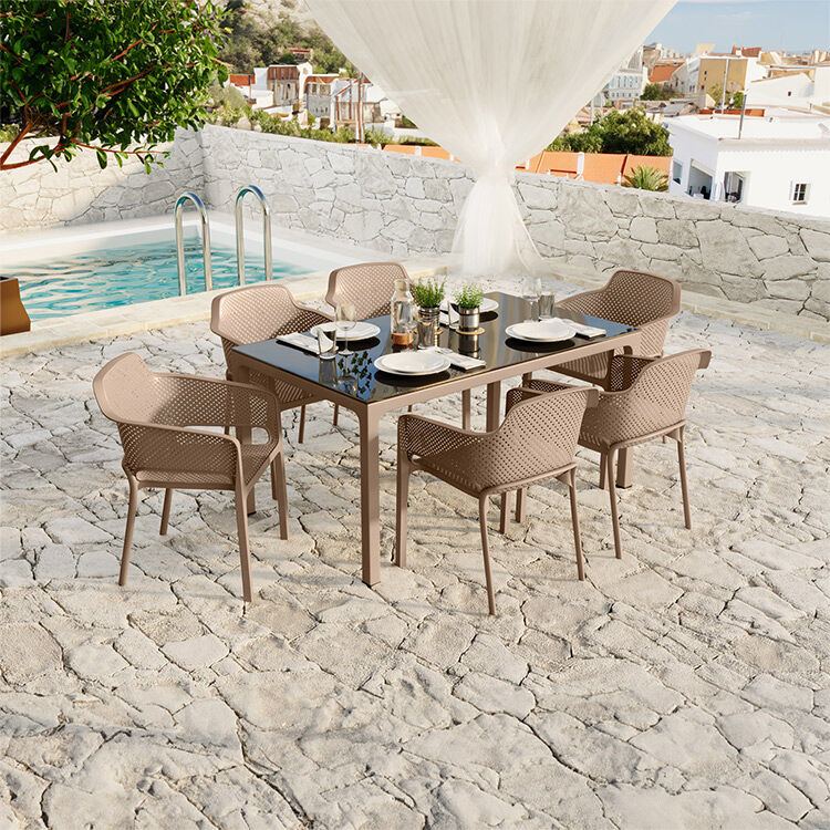 garneroarredamenti Set tavolo da giardino esterno bar dehors rettangolare 150x90cm + 6 sedie polipropilene tortora Aruba