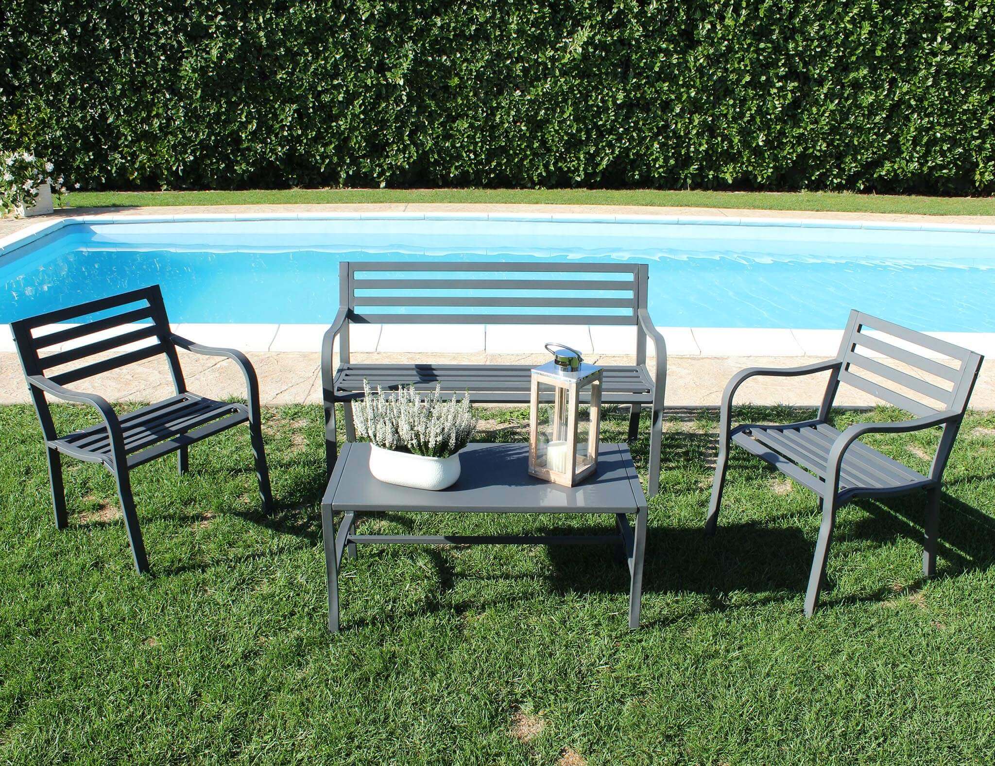 Milani Home Set Salotto Da Giardino 2 Posti In Ferro Verniciato Nero Per Esterno Grigio x x cm