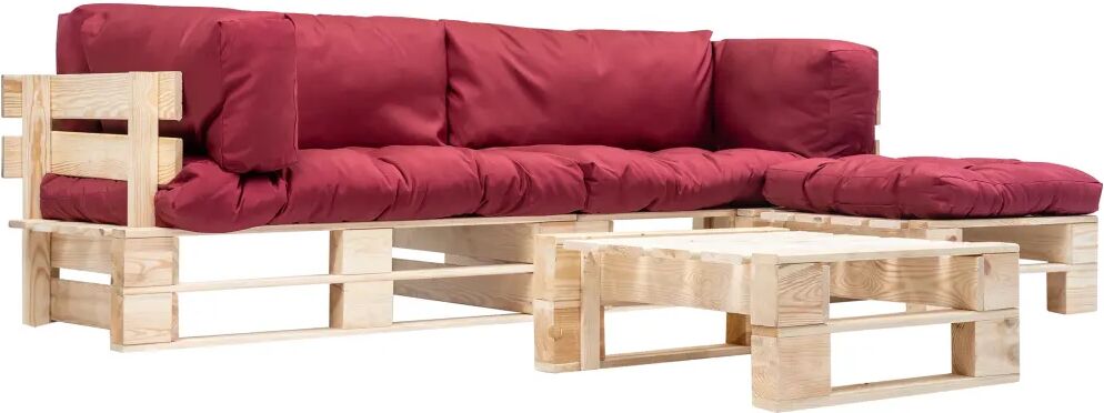 vidaXL 4-delige Loungeset pallet met rode kussens hout