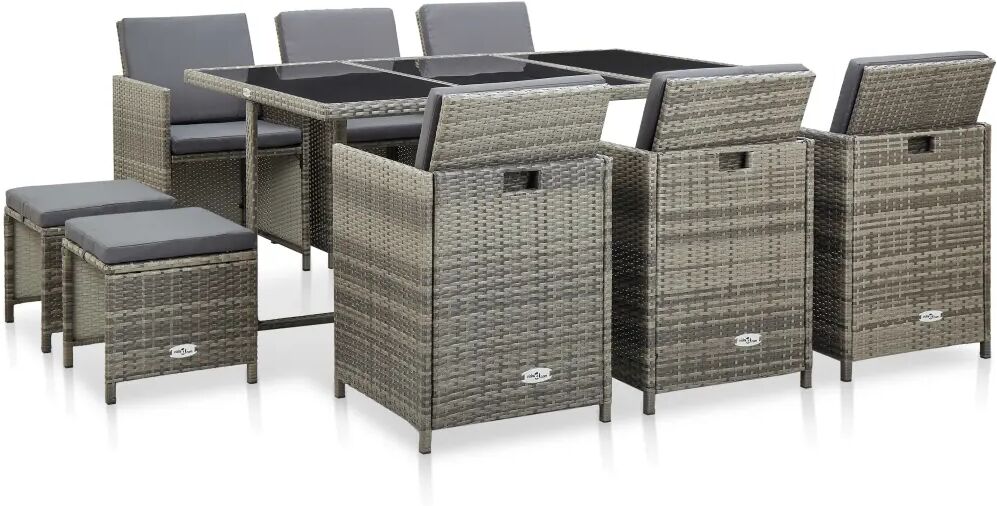 vidaXL 11-delige Tuinset met kussens poly rattan grijs