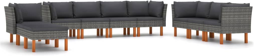 vidaXL 10-delige Loungeset met kussens poly rattan grijs