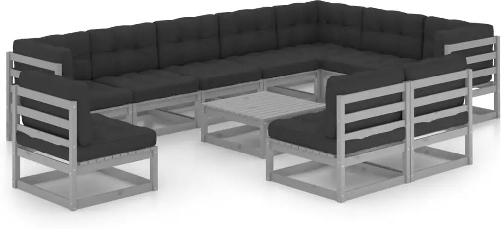 vidaXL 11-delige Loungeset met kussens massief grenenhout grijs