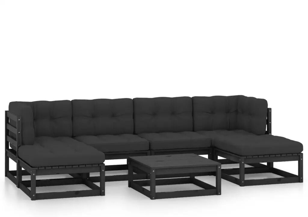 vidaXL 7-delige Loungeset met kussens massief grenenhout zwart