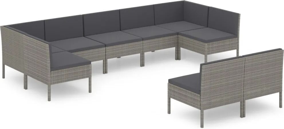 vidaXL 9-delige Loungeset met kussens poly rattan grijs