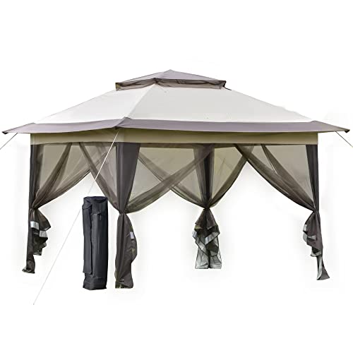 Outsunny opvouwbaar paviljoen pop-up tent tuinpaviljoen incl. tas op wielen staal + oxford + mesh bruin 3,64 x 3,64 x 2,94 m