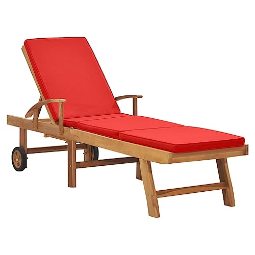 GaRcan Ligstoel met kussen, massief teakhout, donkergrijs, zwembadstoelen, balkonstoelen, houten ligstoelen, geschikt voor buiten, terras, zonnebaden en zwembaden. (rood, 195 x 59,4 cm (l x b))