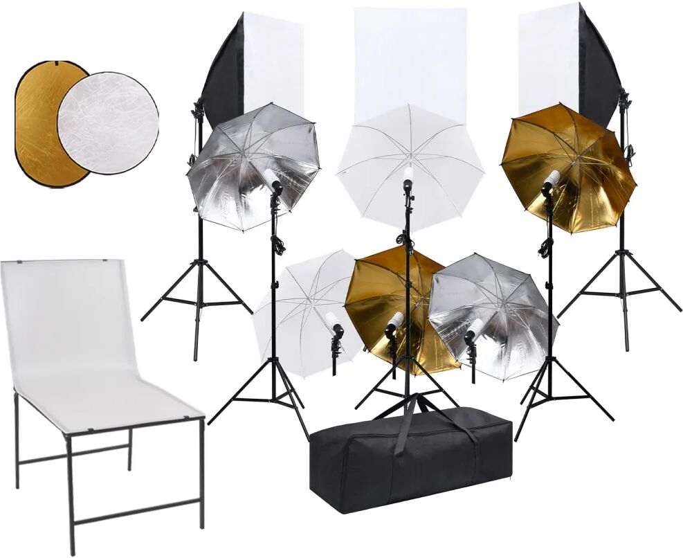 vidaXL Fotostudiosett med lamper, paraplyer, bakgrunn og reflektor