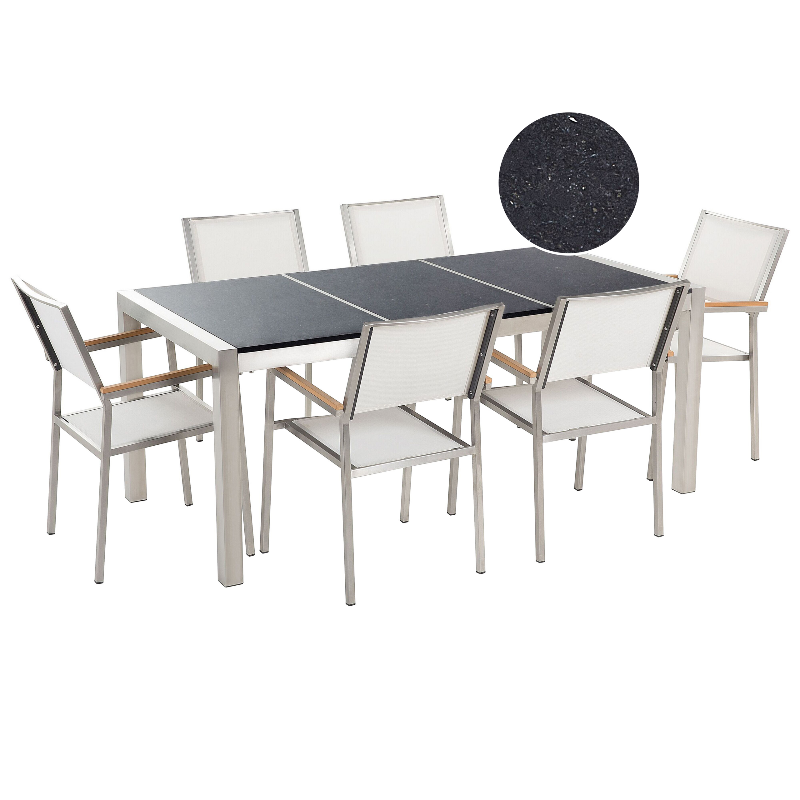 Beliani Conjunto de jantar para jardim mesa com tampo de granito polido preto 180 x 90 cm e 6 cadeiras têxtil brancas estrutura aço inoxidável