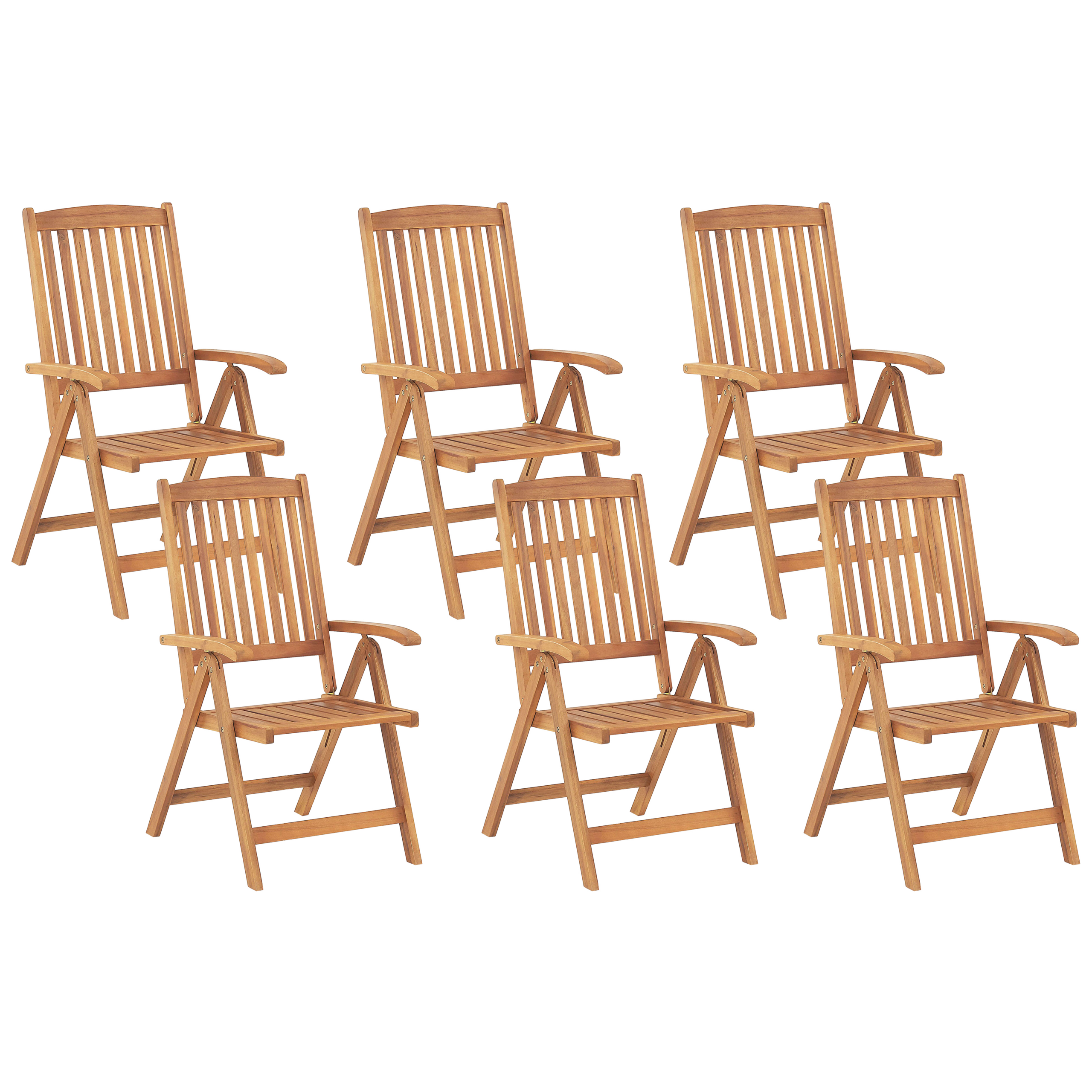 Beliani Conjunto de 6 cadeiras de jardim de madeira de acácia natural reclinável e dobrável para pátio e uso ao ar livre