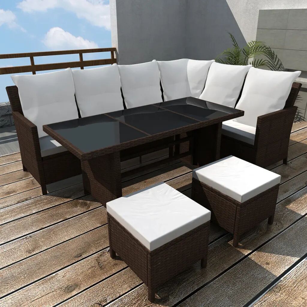 vidaXL 4 pcs conjunto lounge jardim c/ almofadões vime PE castanho