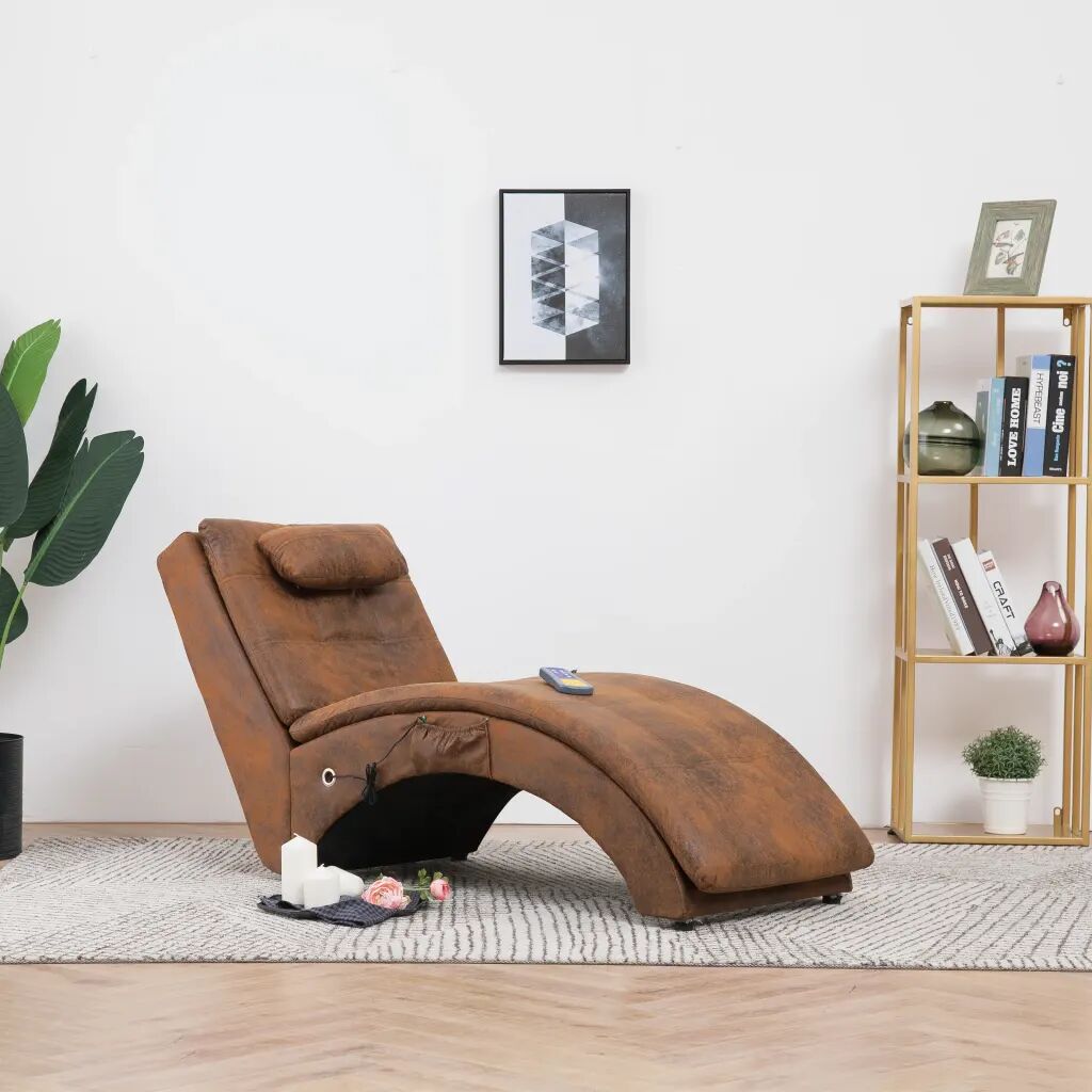 vidaXL Chaise longue massagem c/ almofada camurça artificial castanho