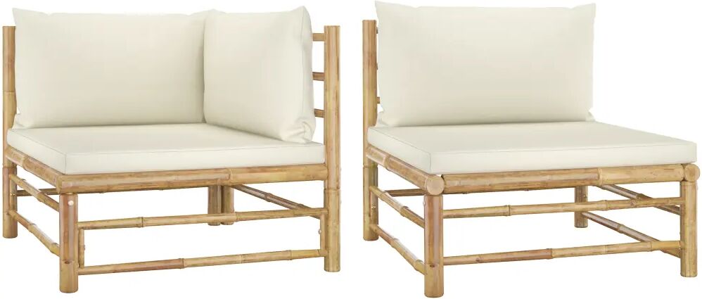 vidaXL 2 pcs conj. lounge p/ jardim em bambu c/ almofadões branco nata