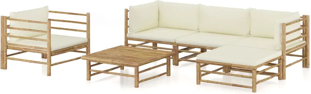 vidaXL 6 pcs conj. lounge p/ jardim em bambu c/ almofadões branco nata