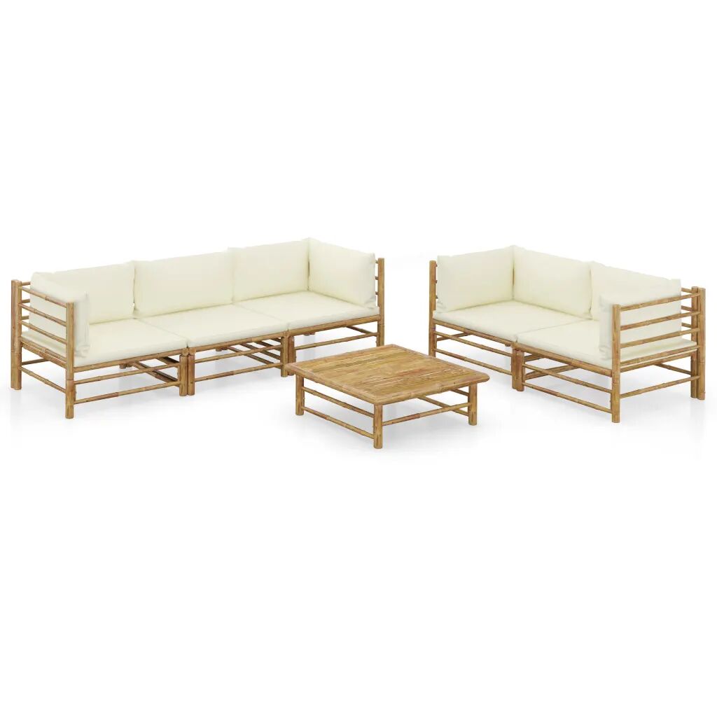 vidaXL 6 pcs conj. lounge p/ jardim em bambu c/ almofadões branco nata