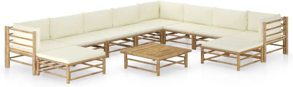 vidaXL 11 pcs conj. lounge jardim em bambu c/ almofadões branco nata