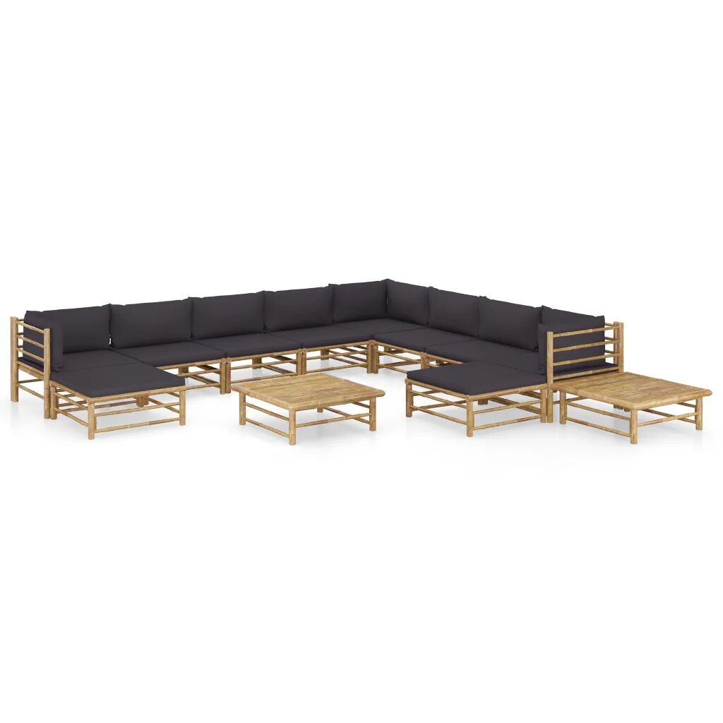 vidaXL 12 pcs conj. lounge jardim em bambu c/ almofadões cinza-escuro