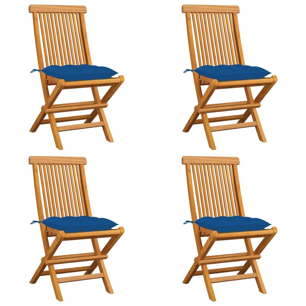 vidaXL Cadeiras de jardim c/ almofadões azuis 4 pcs teca maciça